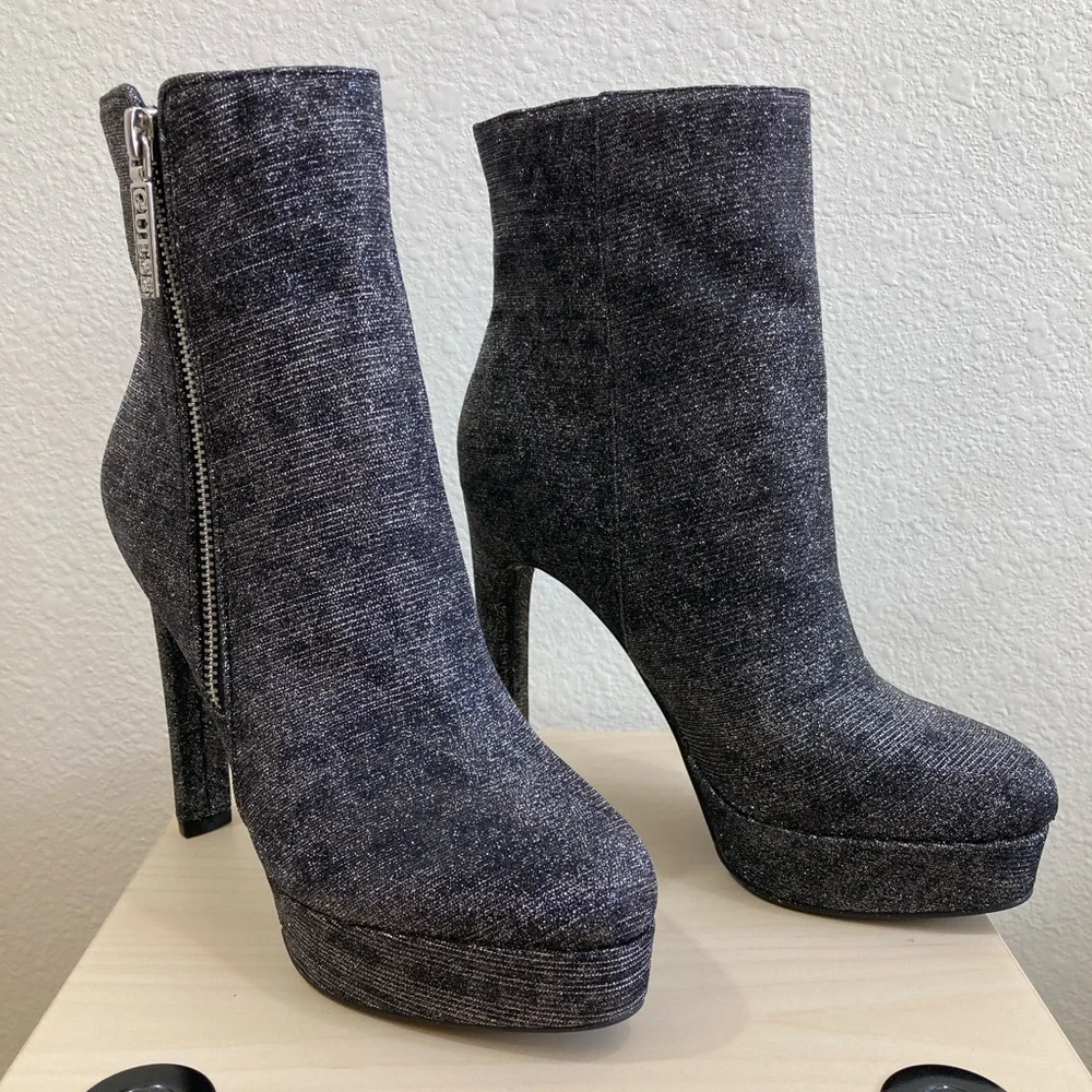 Guess Dejah Charcoal Glitter Platform Booties Side Zip High Heel Size 6